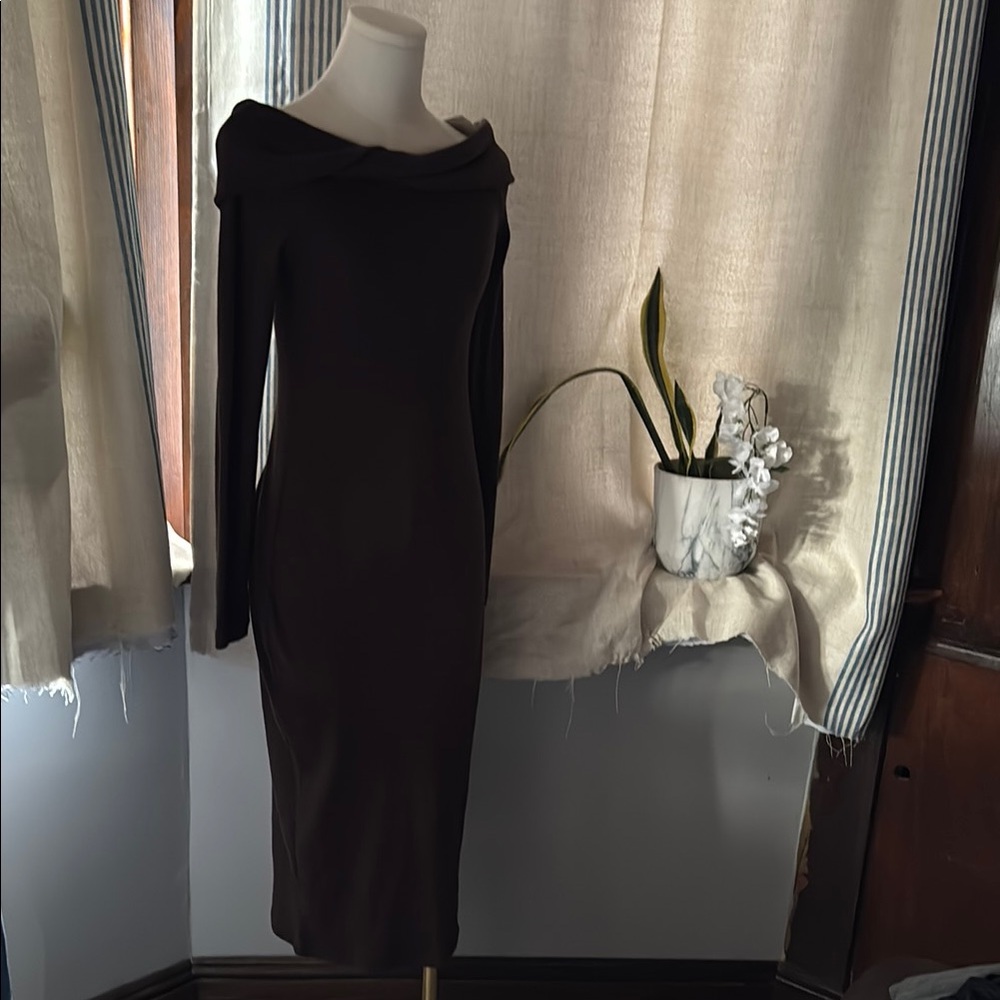 Brown Ribbed Off-Shoulder Cocktail Dress